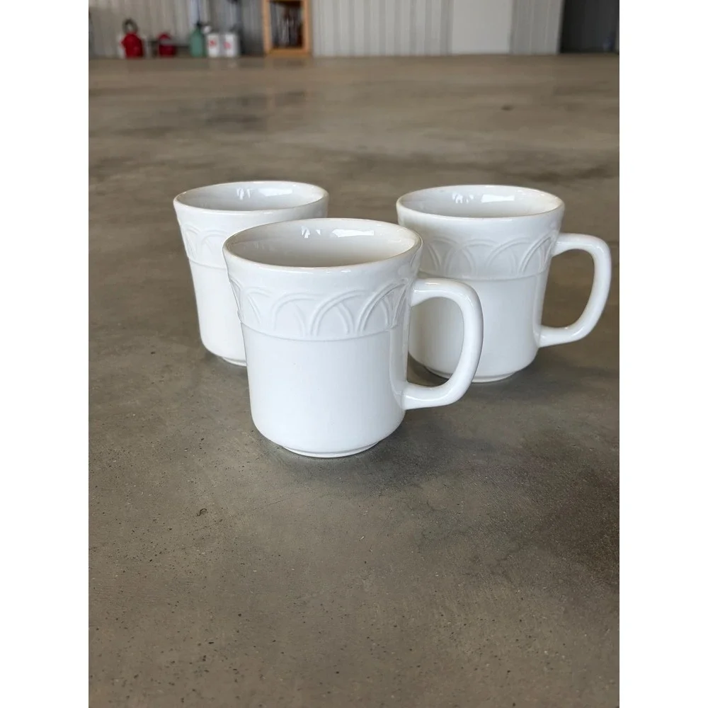 Pier 1 Basket Relief White Coffee Mugs Set of 3 Earthenware Made in Italy